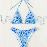 Swim Traje de bano de 2 piezas con sujetador de triangulo halter y parte inferior de bikini con estampado floral Ditsy