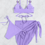 Swim Conjunto de bikini de gasa, apliques entrecruzados con lazo en la espalda, parte superior del Brasier sin aros y lazo lateral, parte inferior del bikini y falda, traje de baño de 3 piezas