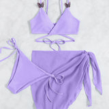 Swim Conjunto de bikini de gasa, apliques entrecruzados con lazo en la espalda, parte superior del Brasier sin aros y lazo lateral, parte inferior del bikini y falda, traje de baño de 3 piezas