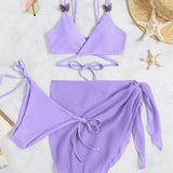 Swim Conjunto de bikini de gasa, apliques entrecruzados con lazo en la espalda, parte superior del Brasier sin aros y lazo lateral, parte inferior del bikini y falda, traje de baño de 3 piezas