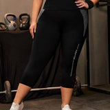 Yoga Basic Leggings deportivos con estampado de letra de color combinado de malla en contraste