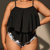 Swim Lushore Conjunto de tankini con estampado de palmeras, parte superior de bikini y bottom de bikini de dos capas, traje de bano de 2 piezas