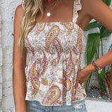 VCAY Top con estampado floral con paisley con fruncido ribete con fruncido