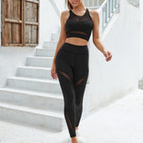 Yoga Sxy 2 piezas Traje de yoga fitness Conjunto outfits de gimnasio Top con malla en contraste con Leggings de cintura ancha