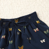 VCAY Shorts con estampado de mariposa de cintura fruncido