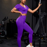 Yoga Basic 2 piezas conjunto de Yoga de estiramiento alto inconsutil traje deportivo cuello redondo Top mallas con control de barriga