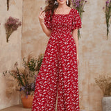 VCAY 1pc Ditsy Floral Print Frill Trim Shirred Jumpsuit Without Belt