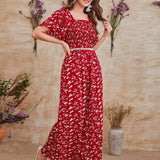 VCAY 1pc Ditsy Floral Print Frill Trim Shirred Jumpsuit Without Belt