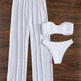 Swim Conjunto de bikini mono con sujetador tipo bandeau con aros en U, parte inferior de bikini y pantalones de playa Traje de bano de 3 piezas