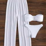 Swim Conjunto de bikini mono con sujetador tipo bandeau con aros en U, parte inferior de bikini y pantalones de playa Traje de bano de 3 piezas