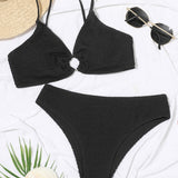 Swim Conjunto de bikini texturizado con detalle de anilla en forma de O, sujetador de tirantes y parte inferior de bikini, traje de bano de 2 piezas