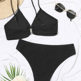 Swim Conjunto de bikini texturizado con detalle de anilla en forma de O, sujetador de tirantes y parte inferior de bikini, traje de bano de 2 piezas