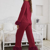 Conjunto de pijama Blusa unicolor con boton delantero & Pantalones ribete lanudo