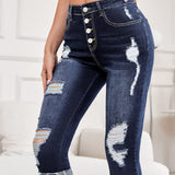 EMERY ROSE Jeans con boton desgarro bajo de doblez delgado capri