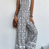 VCAY Plant Print Sleeveless Wide Leg Jumpsuit