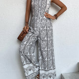 VCAY Plant Print Sleeveless Wide Leg Jumpsuit