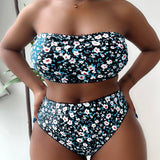 Swim Curve Banador bikini bandeau con estampado floral circular ribete con encaje