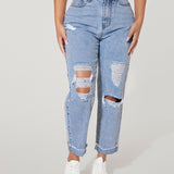 PETITE Jeans de pierna recta de talle alto desgarro bajo de doblez