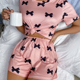 Conjunto de pijama shorts con camiConjuntoa con estampado de lazo