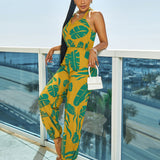 SXY Tropical Print Halter Jumpsuit