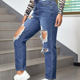 EZwear Jeans desgarro de talle alto de pierna recta