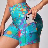 Yoga Funny Shorts deportivos de moto con bolsillo para telefono y estampado de salpicaduras de tinta, pantalones cortos elasticos