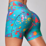 Yoga Funny Shorts deportivos de moto con bolsillo para telefono y estampado de salpicaduras de tinta, pantalones cortos elasticos