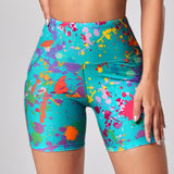 Yoga Funny Shorts deportivos de moto con bolsillo para telefono y estampado de salpicaduras de tinta, pantalones cortos elasticos