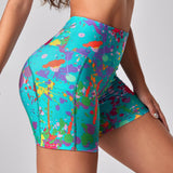 Yoga Funny Shorts deportivos de moto con bolsillo para telefono y estampado de salpicaduras de tinta, pantalones cortos elasticos