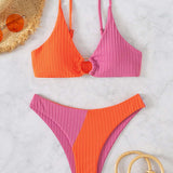 Swim Conjunto de bikini acanalado con bloques de color Sujetador de tirantes con aros y parte inferior de bikini Traje de bano de 2 piezas