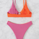 Swim Conjunto de bikini acanalado con bloques de color Sujetador de tirantes con aros y parte inferior de bikini Traje de bano de 2 piezas