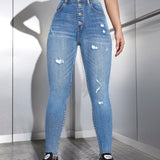 EZwear Jeans ajustados desgarro de talle alto con boton