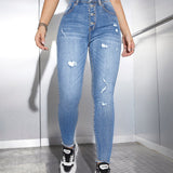 EZwear Jeans ajustados desgarro de talle alto con boton