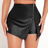 PETITE Cintura alta Cremallera frontal Falda pantalon de PU para las mujeres para la fiesta