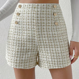 Frenchy Shorts tweed de talle alto con boton falso