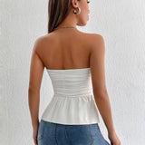 PETITE Top Corto De Tubo De Mujeres Con Cintura Plisada, Sin Espalda Y Con Peplum