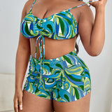 Swim Curve Conjunto de bikini con estampado integral de talla grande con cordon en la parte delantera, calzoncillos tipo boxer y traje de bano tipo kimono de 3 piezas
