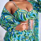 Swim Curve Conjunto de bikini con estampado integral de talla grande con cordon en la parte delantera, calzoncillos tipo boxer y traje de bano tipo kimono de 3 piezas