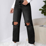 EZwear Jeans de pierna recta desgarro ribete sin dobladillo