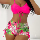 Swim Conjunto de bikini con estampado tropical, sujetador de tirantes con cordon y calzoncillos tipo boxer, traje de bano de 2 piezas