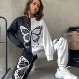 Coolane Pantalones deportivos con pullover con estampado de mariposa de dos tonos de hombros caidos