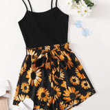 VCAY Self Belted Sunflower Print Cami Romper