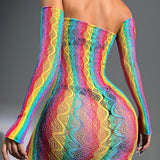 Vestido ajustado de rayas de arcoiris con abertura bandeau & Mangas de brazo