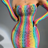 Vestido ajustado de rayas de arcoiris con abertura bandeau & Mangas de brazo