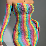 Vestido ajustado de rayas de arcoiris con abertura bandeau & Mangas de brazo