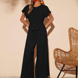 VCAY Butterfly Sleeve Belted Wide Leg Jumpsuit