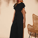 VCAY Butterfly Sleeve Belted Wide Leg Jumpsuit