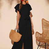 VCAY Butterfly Sleeve Belted Wide Leg Jumpsuit