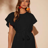 VCAY Butterfly Sleeve Belted Wide Leg Jumpsuit