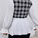 Prive Blusa peplum de cuadros de manga con volante de cuello con cordon